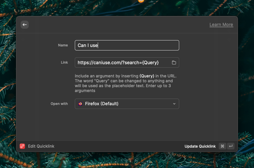 Edit Quicklink 창, 이름으로 Can I use가 등록된 퀵링크를 수정하는 스크린샷