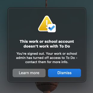 Microsoft To Do 앱 오류 화면, This work or school account doesn't work with To Do