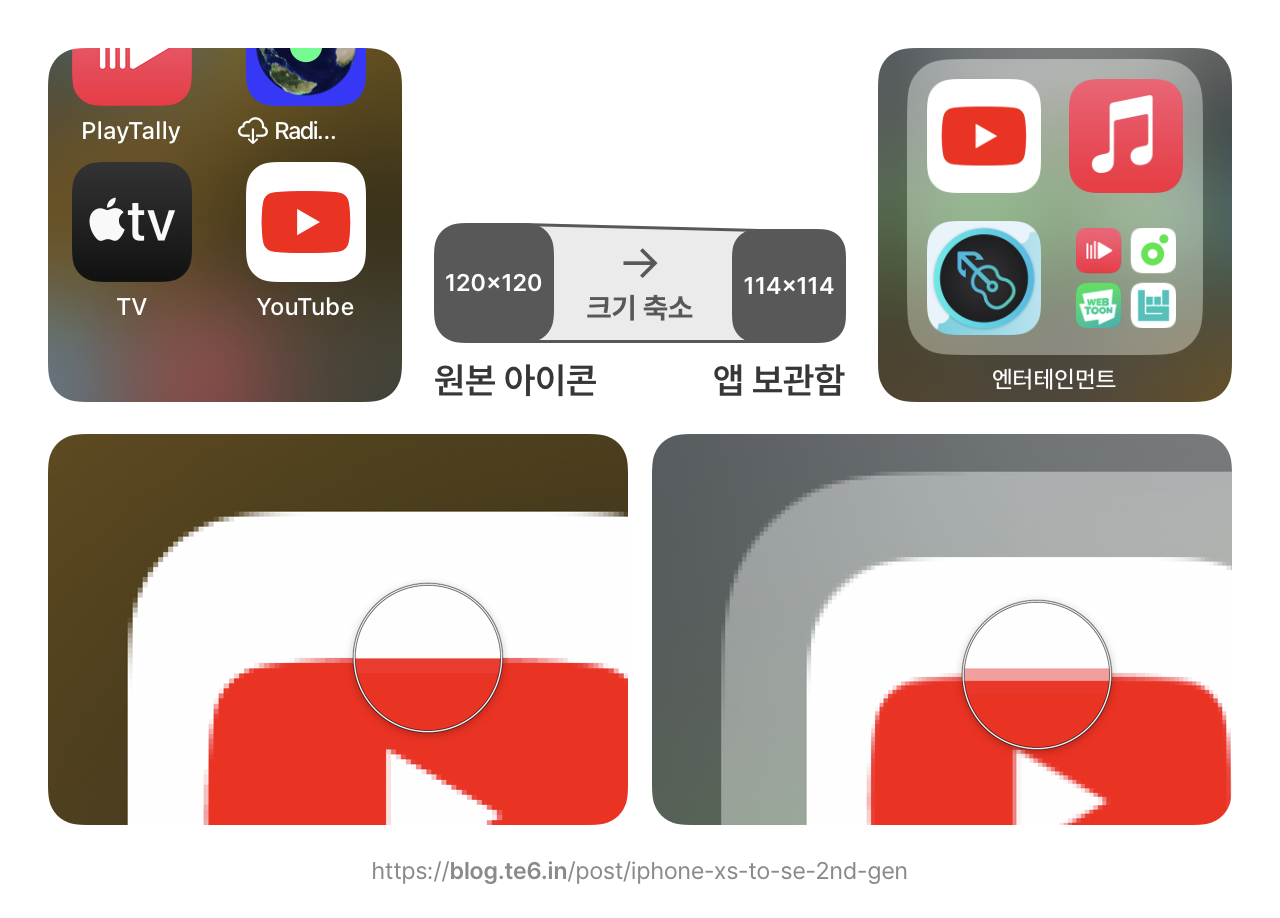 YouTube 앱 원본 아이콘과 앱 보관함의 아이콘 크기 비교, 원본 아이콘에서는 로고 테두리가 매끄럽게 표시되는 반면 앱 보관함 아이콘에서는 깨져 보인다.