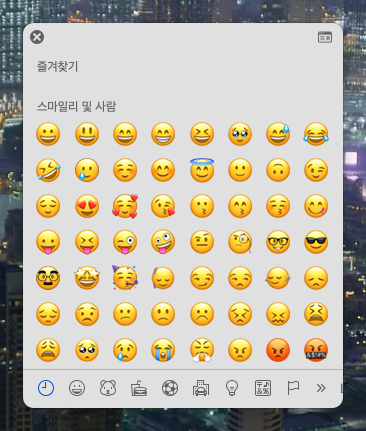 각종 이모지가 표시된 macOS 문자 뷰어 팝업 스크린샷