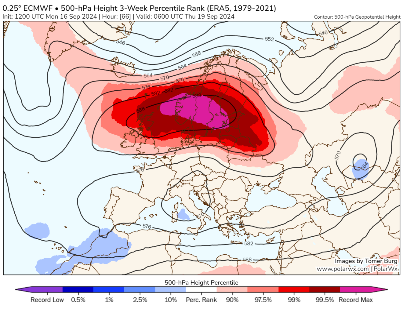 In het paarse deel is het hogedrukgebied boven Scandinavië donderdag recordsterk - PolarWx.com