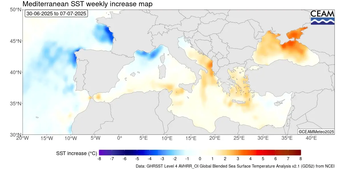 Bij Zuidoost-Frankrijk is de Middellandse Zee door de Mistral de afgelopen week wat afgekoeld. Ook ten westen van Europa heeft de weersverandering voor lagere watertemperaturen gezorgd - CEAM