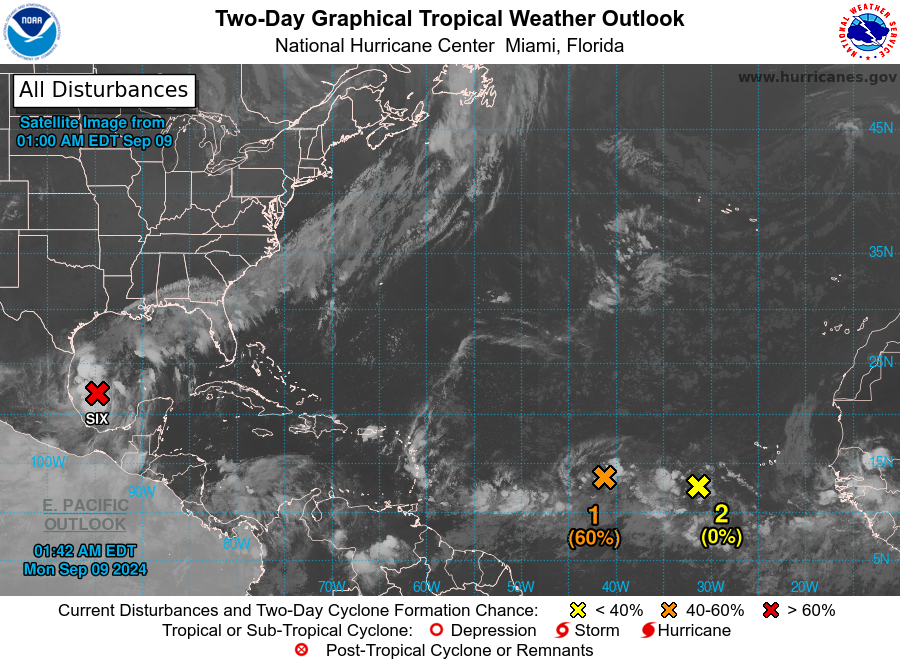 De drie systemen, zoals die nu in de gaten worden gehouden. Six is het verst in haar ontwikkeling en is inmiddels tot tropische storm Francine uitgegroeid - National Hurricane Center