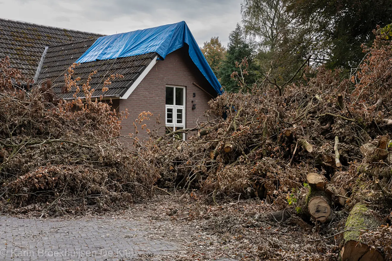 Een deel van de kerk is door een boom getroffen. De boom is al verzaagd, het gebouw moet nog gerepareerd worden - Karin Broekhuijsen