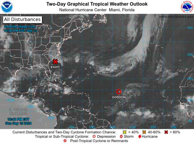 De potentiële tropische storm Helene (Eight) en Gordon in één beeld - National Hurricane Center