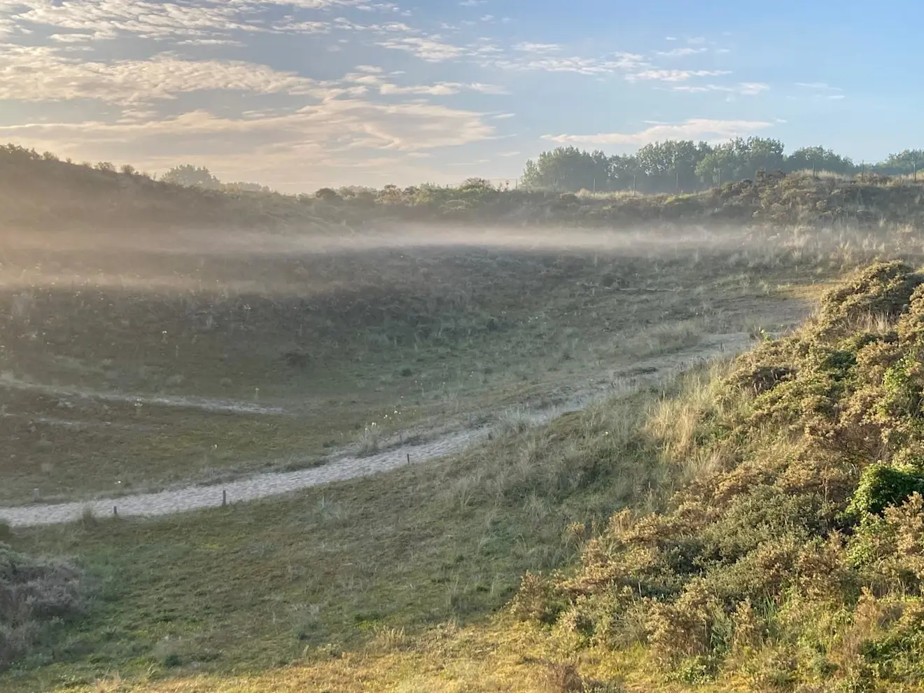 De bovenkant van de Cold Air Pool (Koudepool) in een duinpan bij Oostduinkerke is te zien aan een dun mistlaagje, dat de bovenkant van de koudepoel afbakent - Karel Holvoet