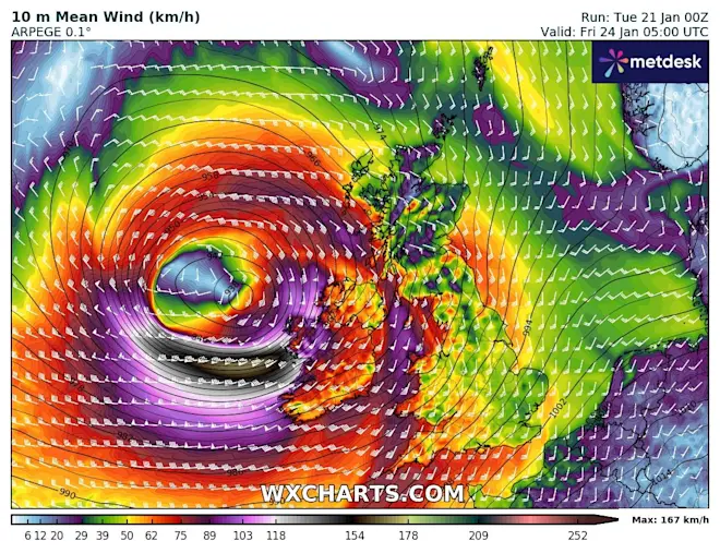 Bij Ierland wordt vrijdag een orkaan berekend - WXCharts.com