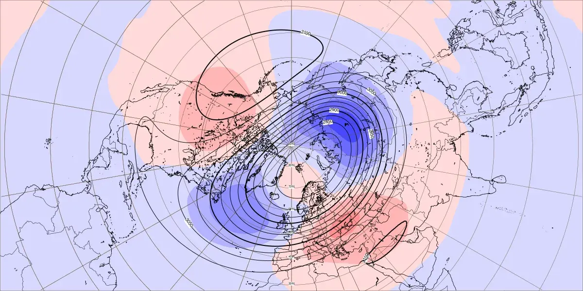 De Canadian Warming, als berekend door het Europese model. Linksboven als rode vlek zichtbaar. Dit is de verwachting voor de stratosfeer boven de Noordpool, voor de eerste week van januari - ECWMF