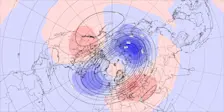 De Canadian Warming, als berekend door het Europese model. Linksboven als rode vlek zichtbaar. Dit is de verwachting voor de stratosfeer boven de Noordpool, voor de eerste week van januari - ECWMF