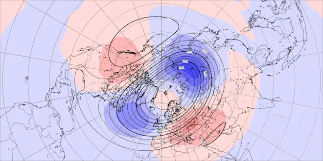 De Canadian Warming, als berekend door het Europese model. Linksboven als rode vlek zichtbaar. Dit is de verwachting voor de stratosfeer boven de Noordpool, voor de eerste week van januari - ECWMF