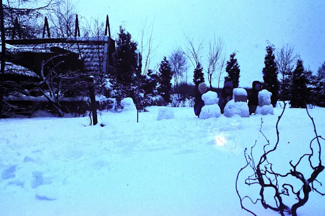 De drie broertjes Van den Born in de tuin in Garderen, tijdens de winter van 1979 - Peter van den Born