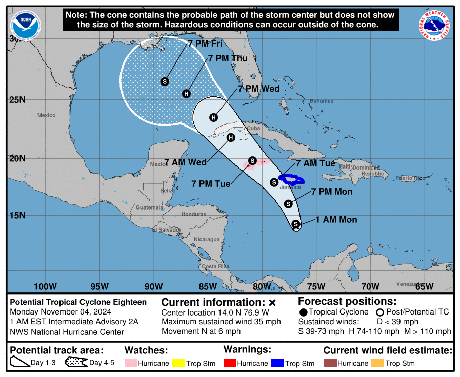 De verwachte koer van het potentiële nieuwe systeem - National Hurricane Center