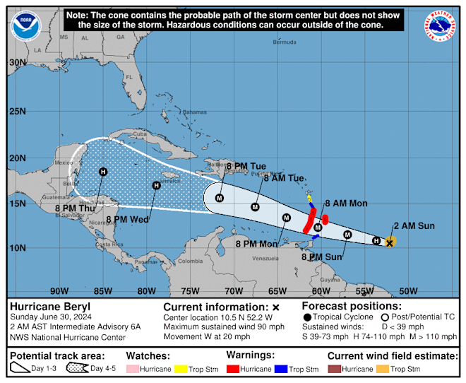 De route van Beryl - National Hurricane Center