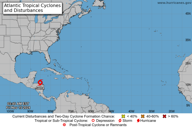 De positie van tropische storm Sara - National Hurricane Center