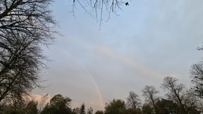 Bij Roodeschool was vanochtend in de lichte regen een regenboogje te zien - Jannes Wiersema