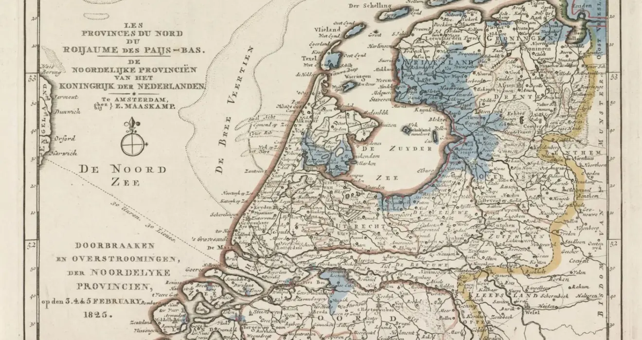 De kaart van de tijdens de storm van februari 1825 overstroomde gebieden - Evert Maaskamp