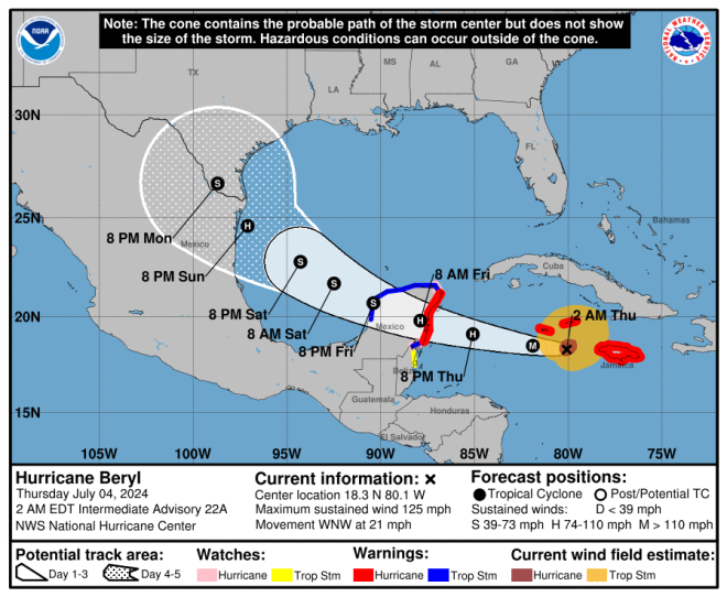 Het pad van Beryl, de komende dagen - National Hurricane Center