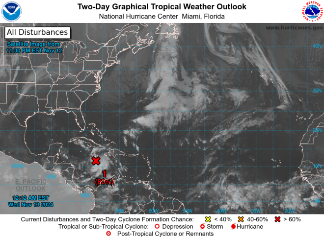 De buiencluster, waaruit Sara later ontstaat, ligt nu boven de Caribische Zee - National Hurricane Center