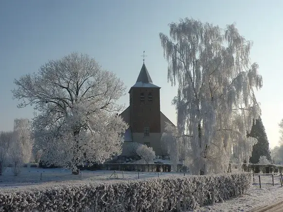 Het kerkje van Persingen in de Ooijpolder, tussen de met ruige rijp bedekte bomen in de ochtend van 4 februari 2012 - Reinout van den Born