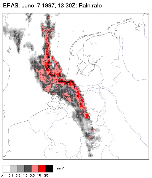 Het radarbeeld van het KNMI op 7 juni 1997.