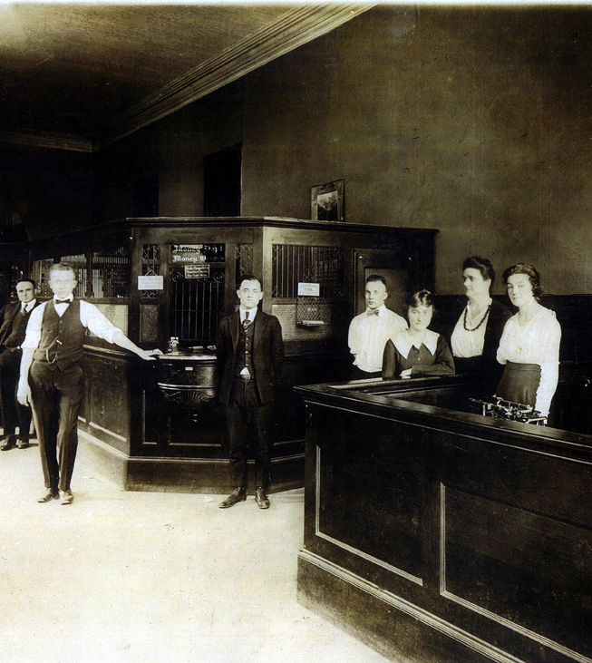 A historical photo of the original First Bank branch in Burkburnett, Texas.