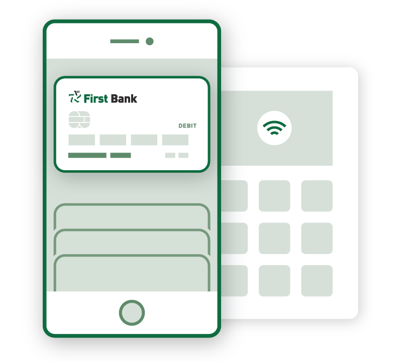 An illustration of a phone showing a first bank debit card in a mobile wallet with a payment terminal behind it.
