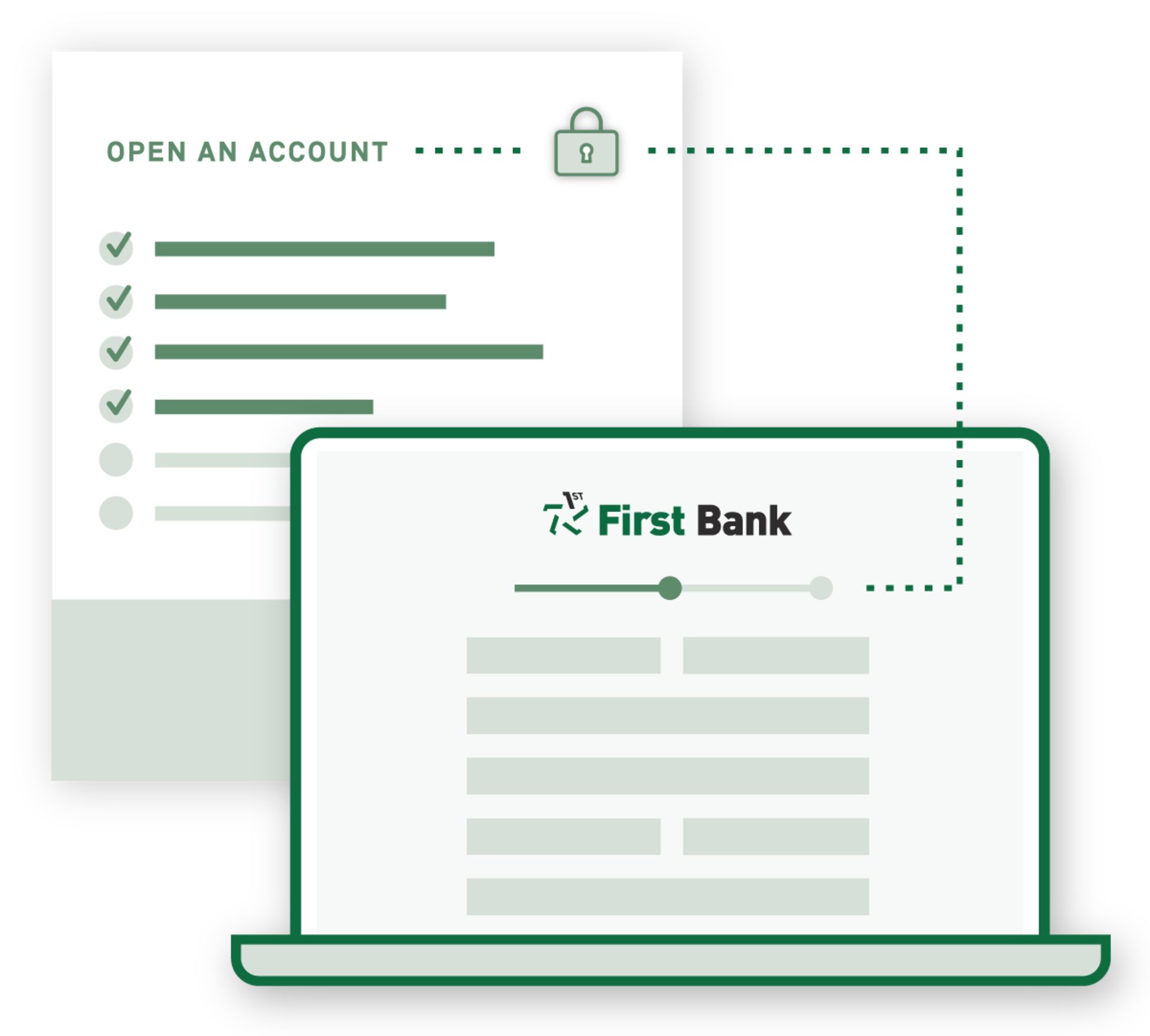 A graphic that shows a laptop and an online banking register.
