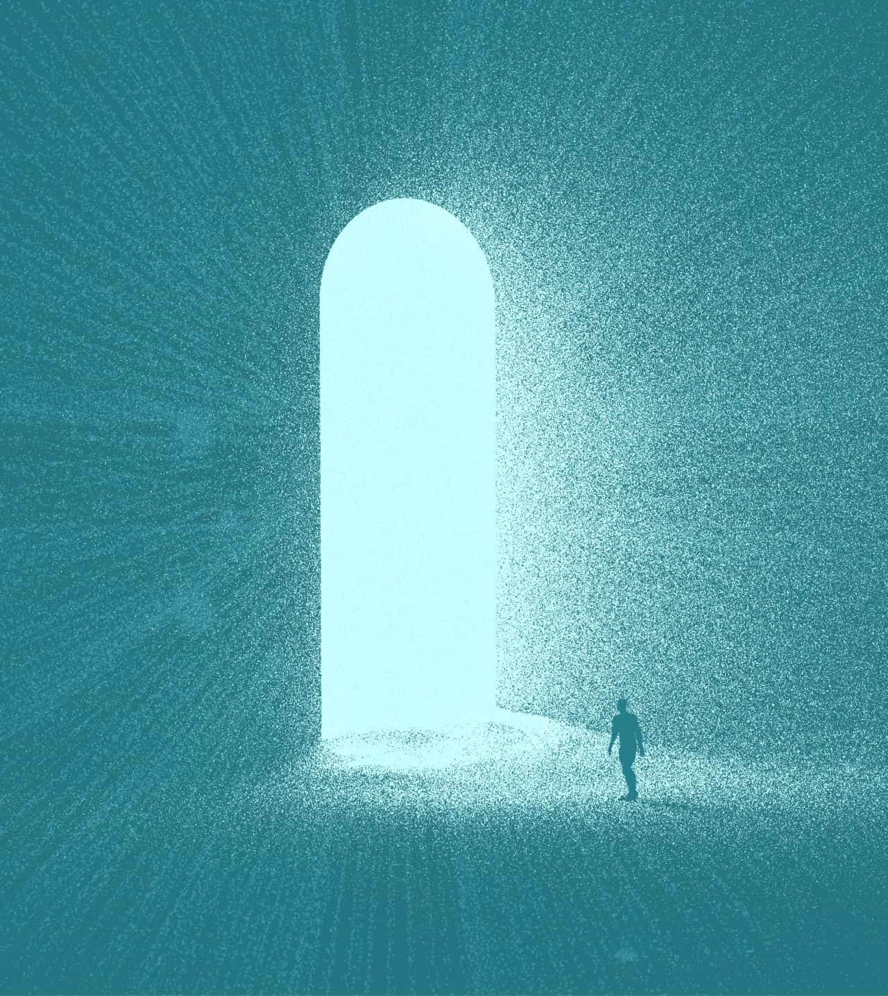 Light at the end of the tunnel with a person walking through