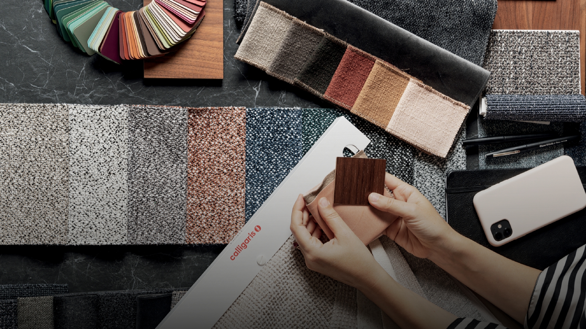 materials made to order calligaris - moodboard hands and phone 