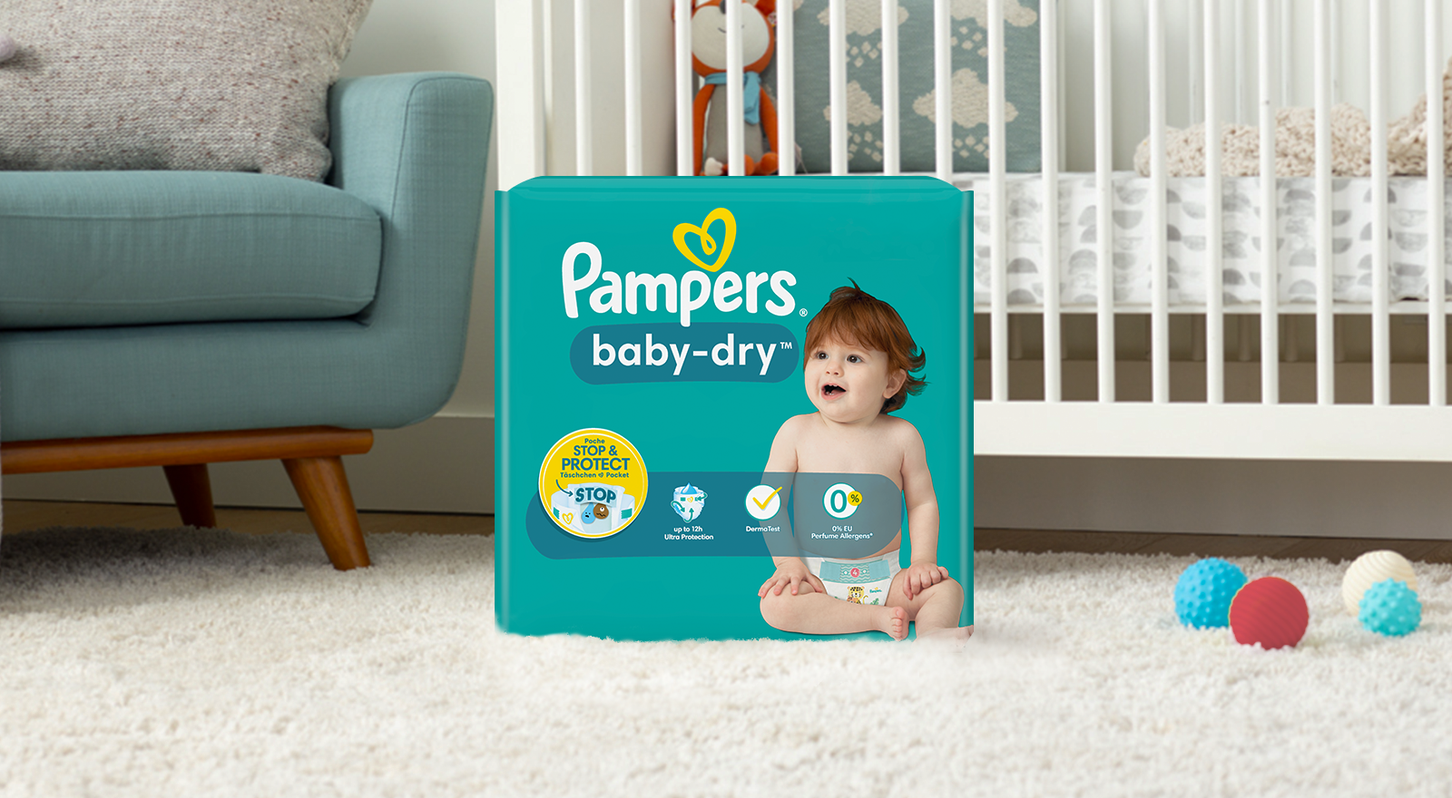Pampers Couches Taille 3 (6-10 kg), Baby-Dry, 198 Couches Bébé