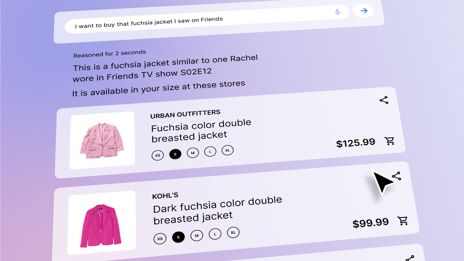 An illustration of an agentic commerce shopping experience. At the top, a user leverages an AI agent with the prompt "I want to buy that fuchsia jacket I saw on Friends." Below the chat bar, the AI agent responds: "This is a fuchsia jacket similar to one Rachel wore in Friends TV show S02E12. It is available in your size at these stores." The rest of the screen shows product listings for fuchsia jackets from different stores, including Urban Outfitters and Kohl's, with prices and available sizes.