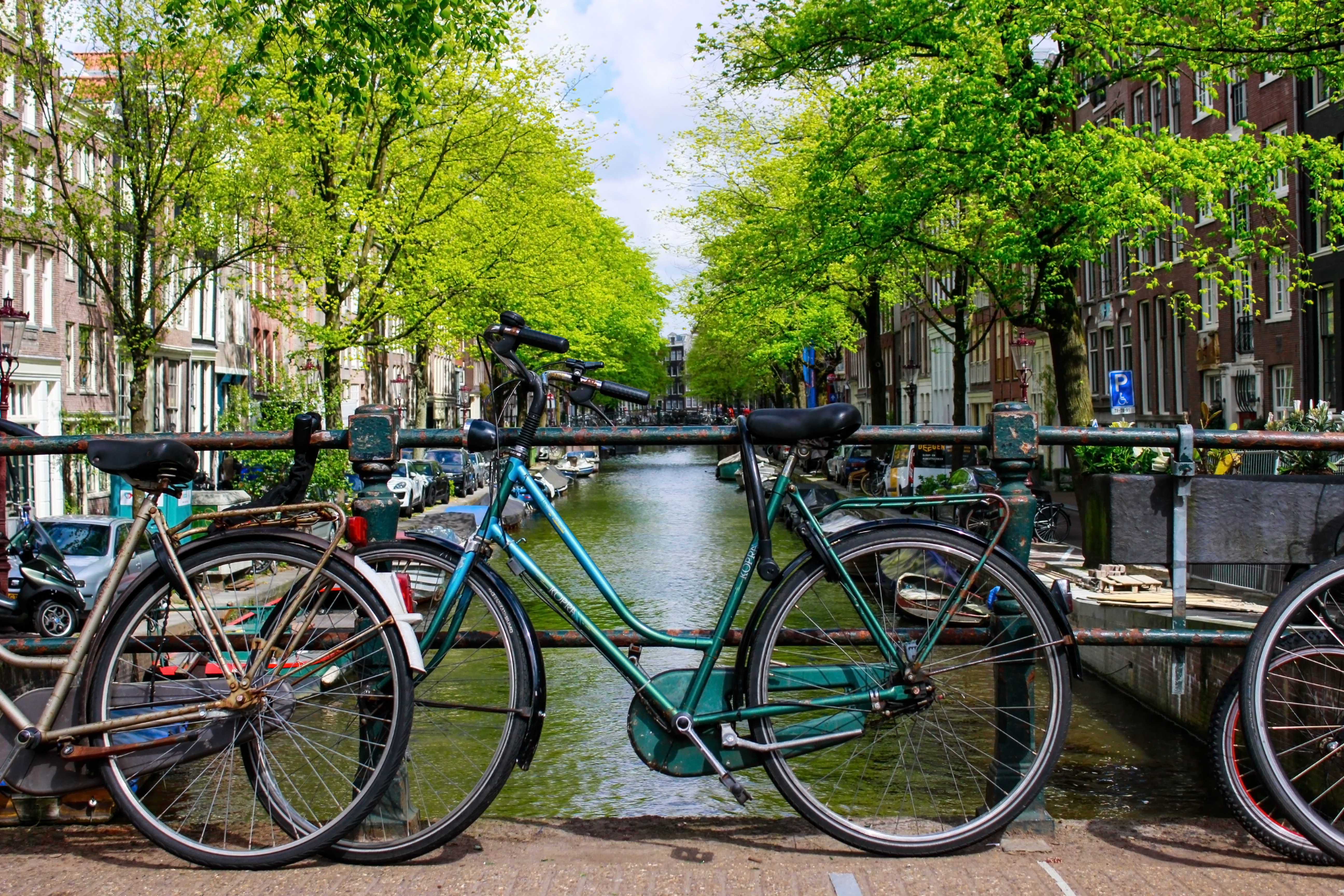 Several bicycles, with a teal one in the center, are parked on a bridge spanning a canal. The canal is lined with leafy green trees and traditional Amsterdam-style buildings under a partly cloudy sky.