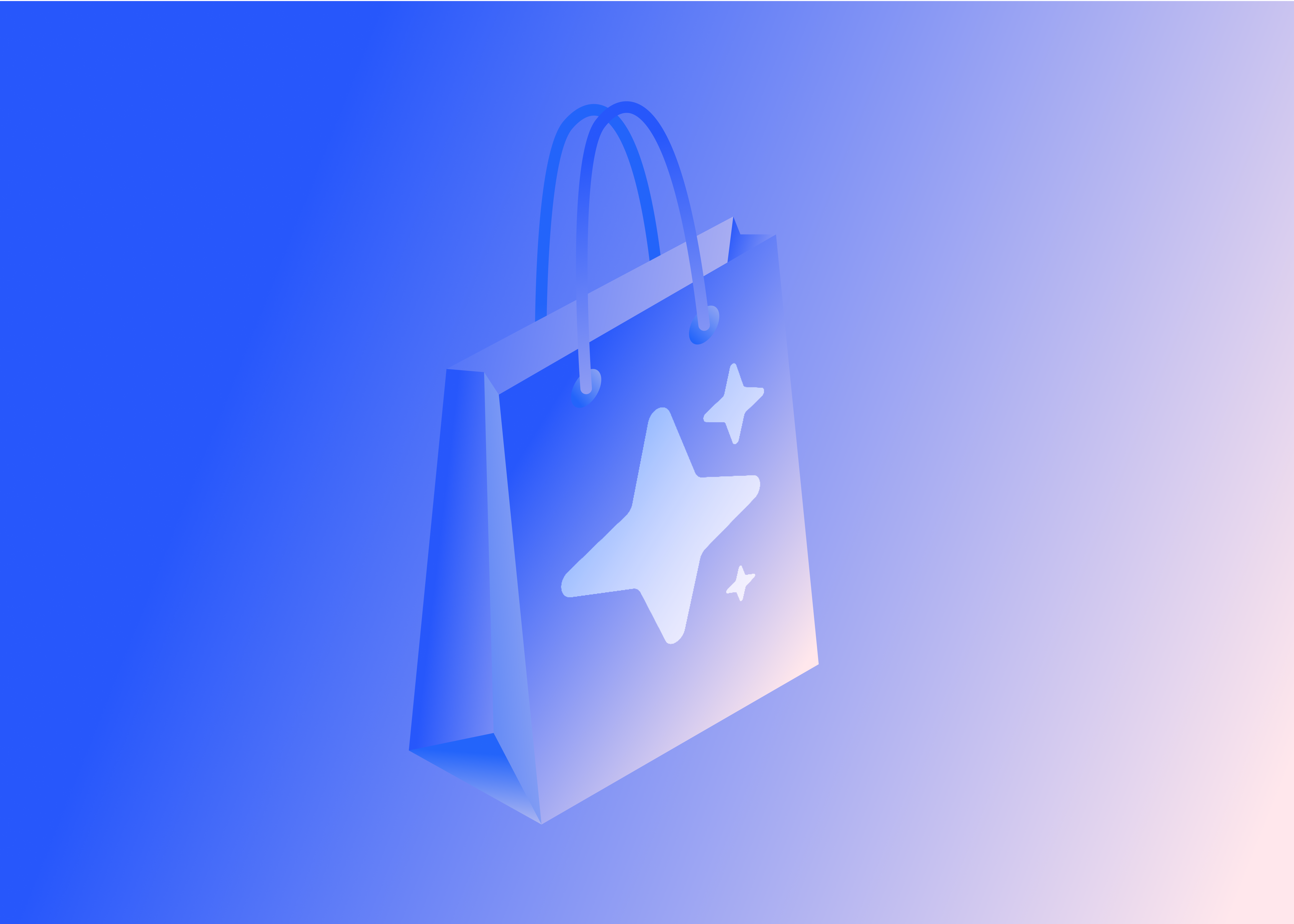 A modern illustration of a shopping bag on a blue and purple gradient background. The bag is decorated with a large star and sparkles.