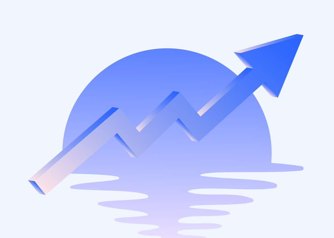 An abstract graphic of a 3D zig-zag arrow pointing up and to the right, symbolizing growth. The arrow is set against a simple blue circle, like a rising sun, with reflections below it.