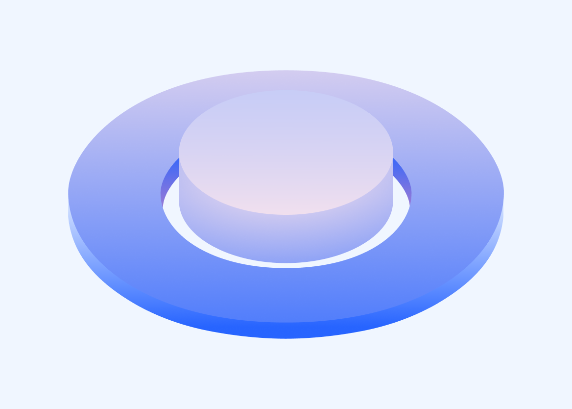 A 3D-rendered abstract graphic of a smaller cylinder positioned at the center of a larger, hollow ring. The gradient color scheme transitions from soft purple to blue, symbolizing the interconnected relationship between commerce media and retail media in eCommerce advertising.