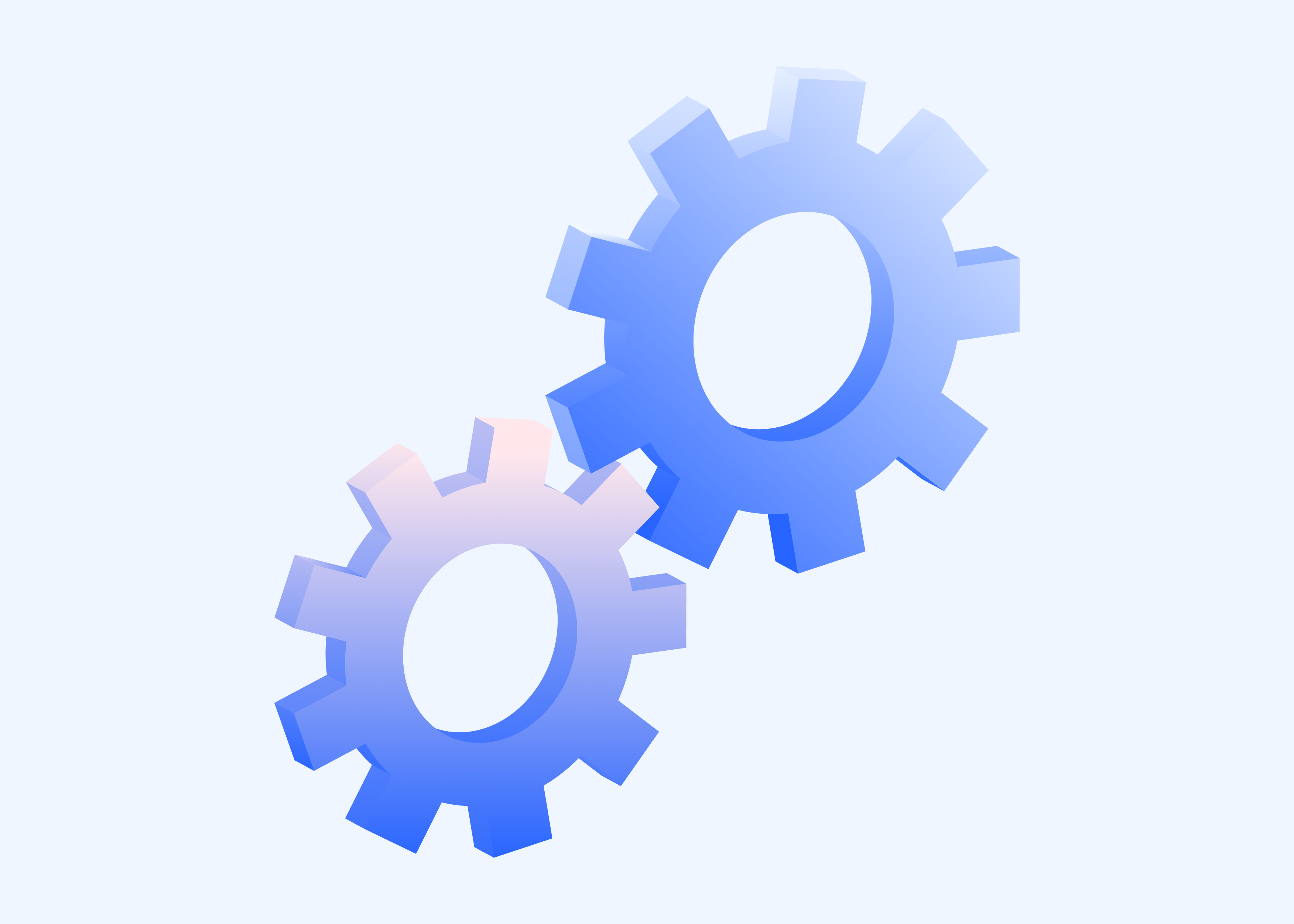 Isometric illustration of two blue gears, representing automated systems, in the context of a blog about automated supplier catalog management and onboarding.