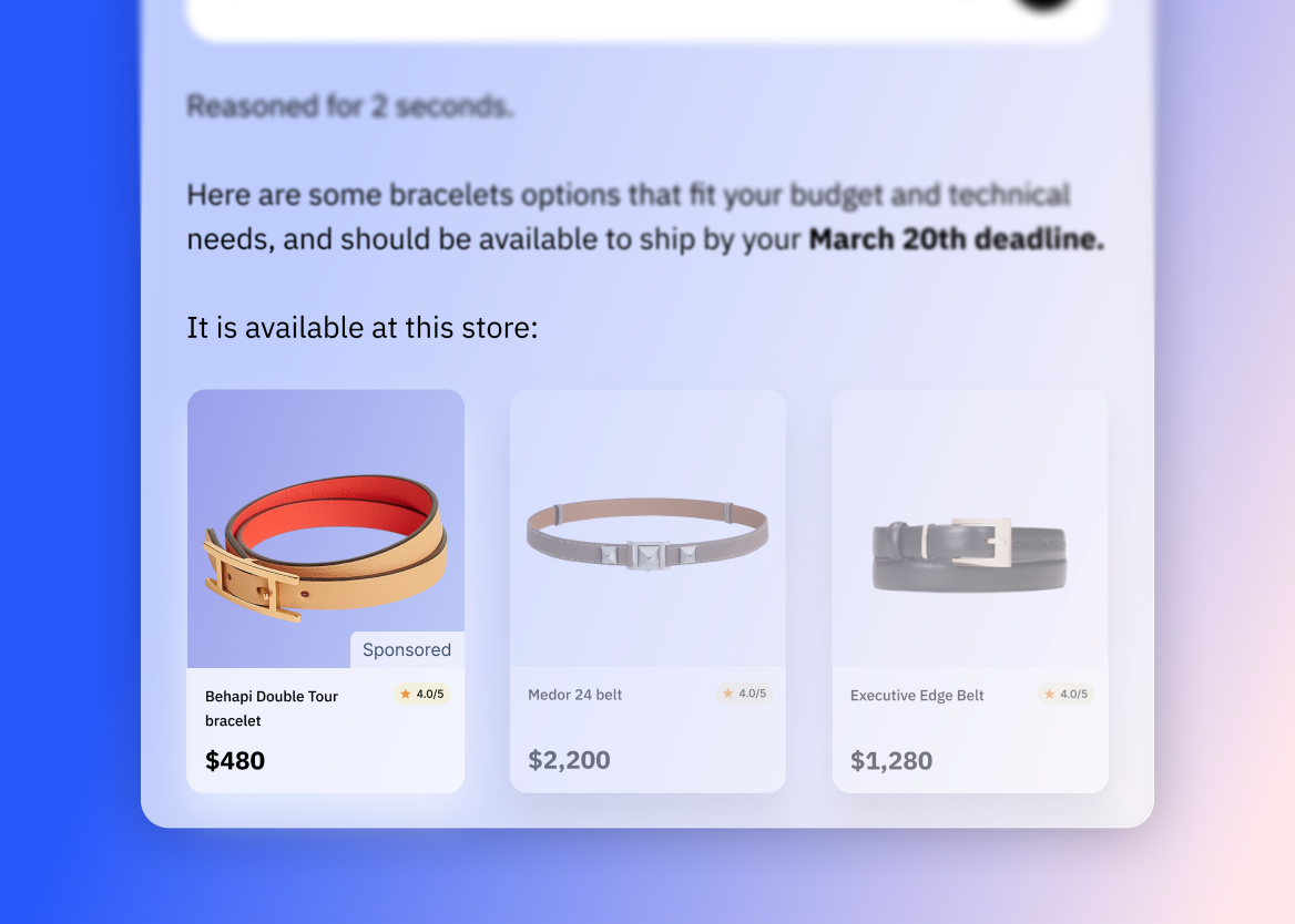 An example of an AI-powered conversational shopping interface demonstrating MCP-native ad serving. The AI agent provides a reasoned response to a specific user deadline, surfacing a "Sponsored" Behapi Double Tour bracelet as the primary recommendation alongside other relevant luxury accessories.
