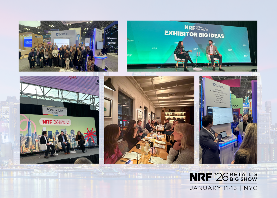 Mirakl's highlights from NRF 2026 Retail's Big Show in NYC (January 11-13). Featuring Exhibitor Big Ideas sessions, industry panels, team presence, and networking events showcasing the future of agentic commerce and retail innovation.