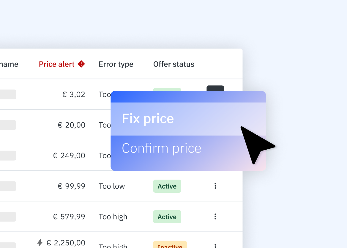 A close-up of a user interface showing a table with price alerts. One alert shows a price of €99.99 flagged as "Too low" and another shows €579.99 flagged as "Too high." A pop-up menu offers options to "Fix price" or "Confirm price," highlighting how Mirakl helps manage pricing anomalies.