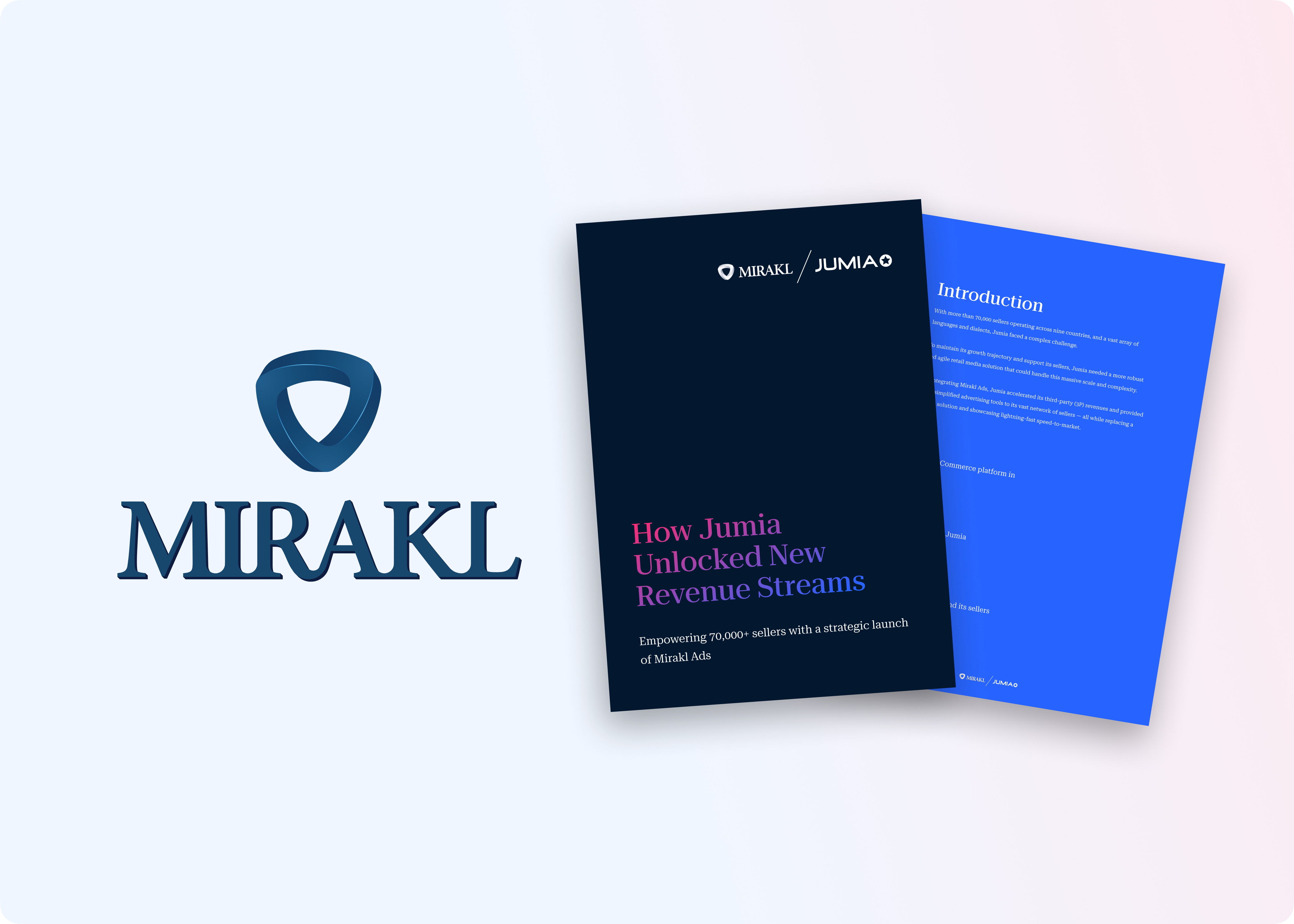 A clean, professional image featuring the Mirakl logo. To the right is a brochure showcasing a case study about how Mirakl helped Jumia unlock new revenue streams for its sellers.
