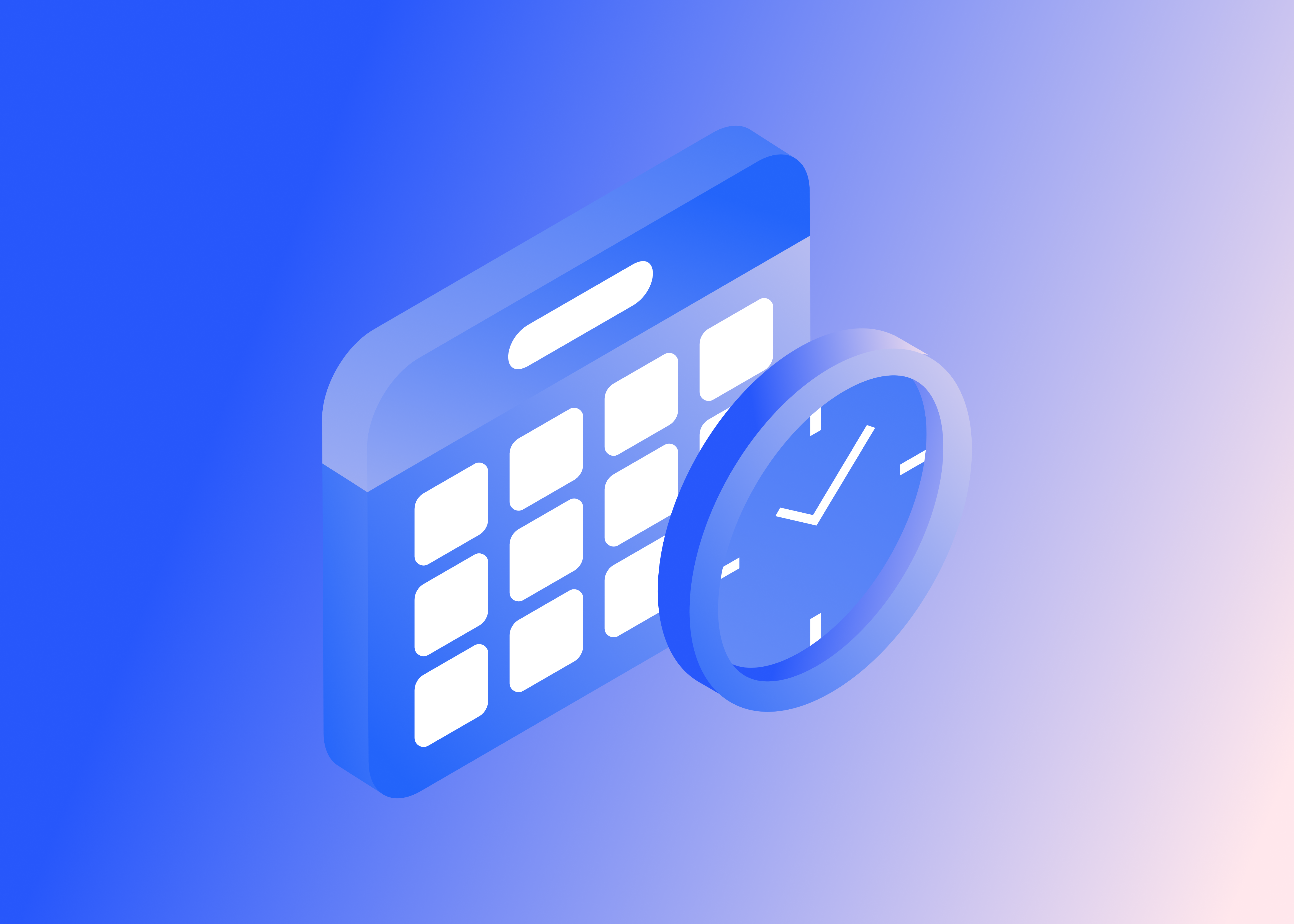 An isometric illustration of a light blue calendar icon next to a light blue clock icon, both casting shadows on a blue and pink gradient background.