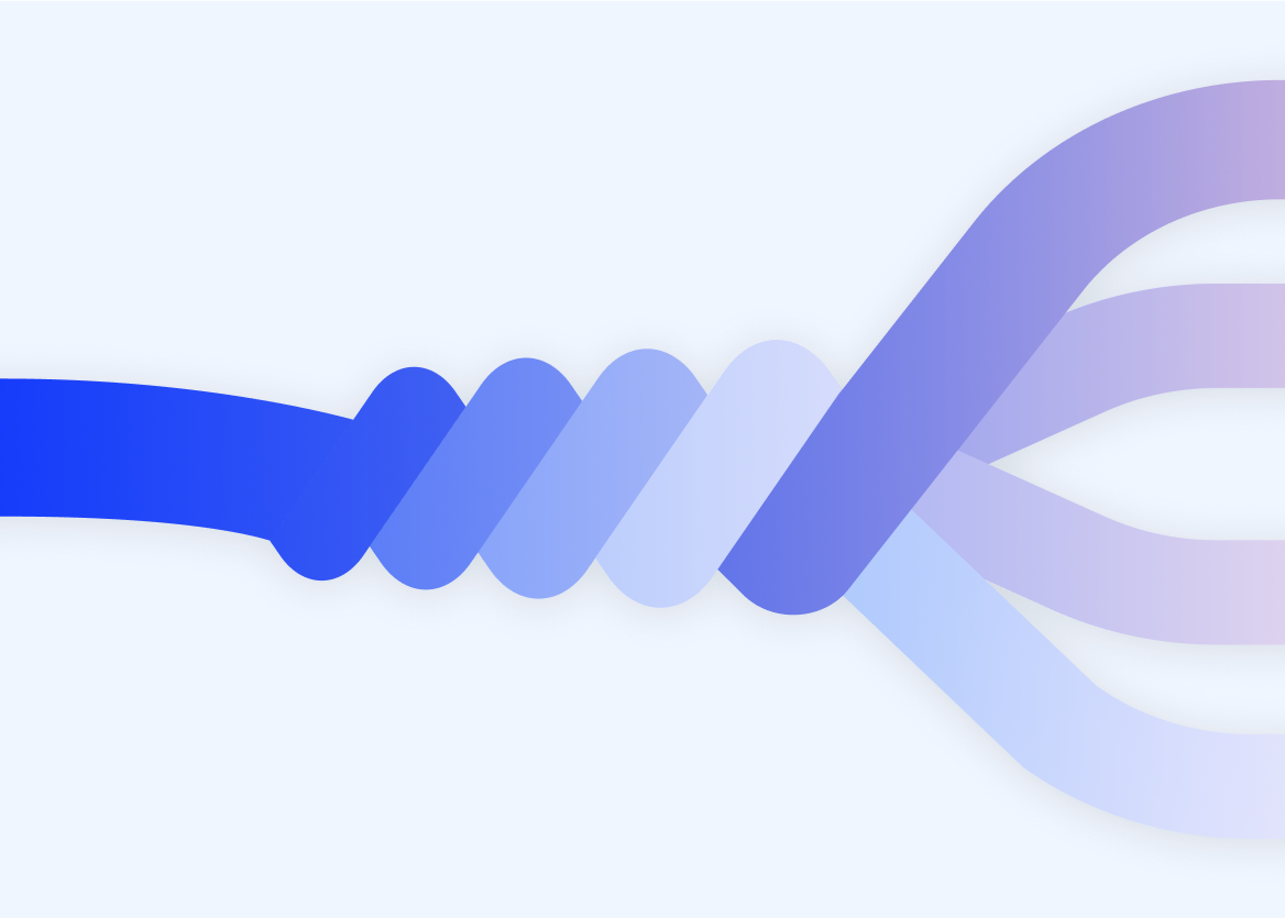 An abstract graphic showing a single dark blue strand on the left that twists in the center, with segments fading to light purple, and then diverges into three separate light purple strands on the right.
