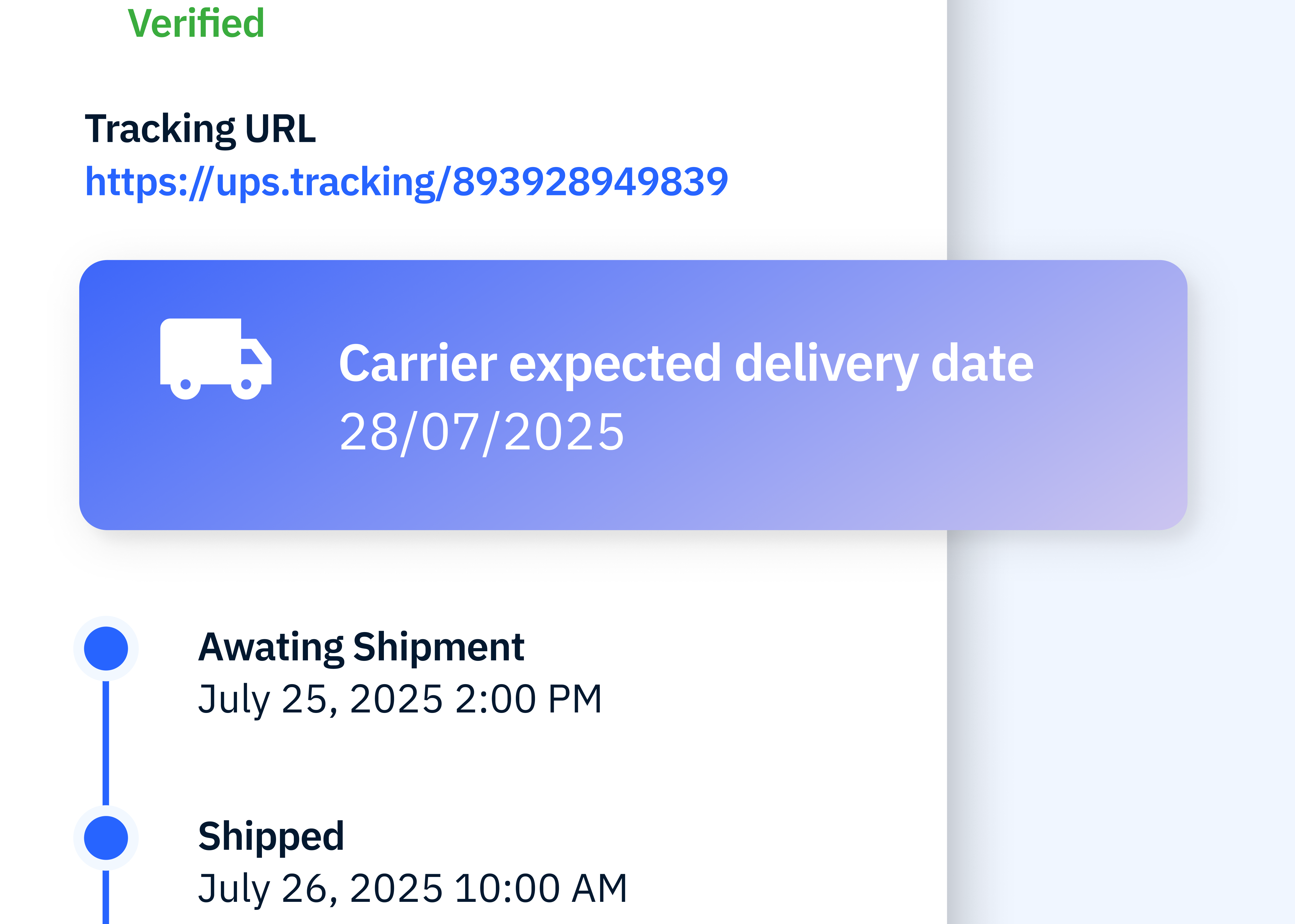An example of Mirakl Delivery Manager in action. A highlighted box shows the "Carrier expected delivery date" as 28/07/2025. The tracking history below indicates the package was "Awaiting Shipment" on July 25, 2025, and "Shipped" on July 26, 2025.