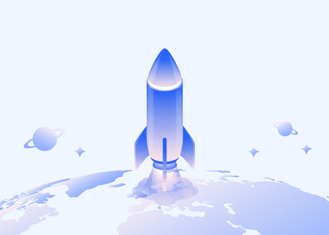A modern, isometric illustration of a blue rocket ship blasting off from a stylized Earth, with plumes of smoke at its base. Two ringed planets and several four-pointed stars are visible in the surrounding light-colored space. The image is a metaphor for the rocket-ship like trajectory of growth that Mirakl-powered marketplaces and dropship programs have experienced over the last year.