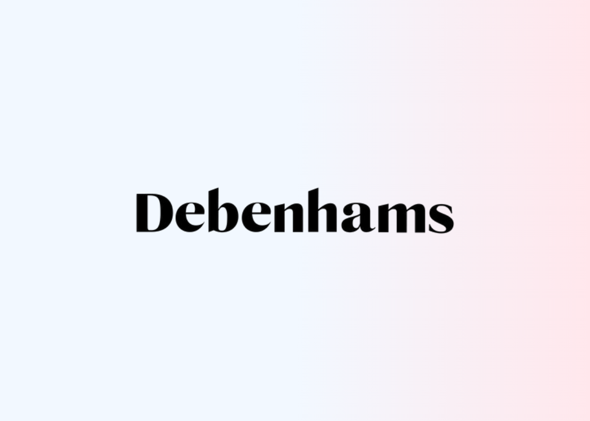 The Debenhams logo in bold, black serif text centered on a soft blue and pink gradient background.