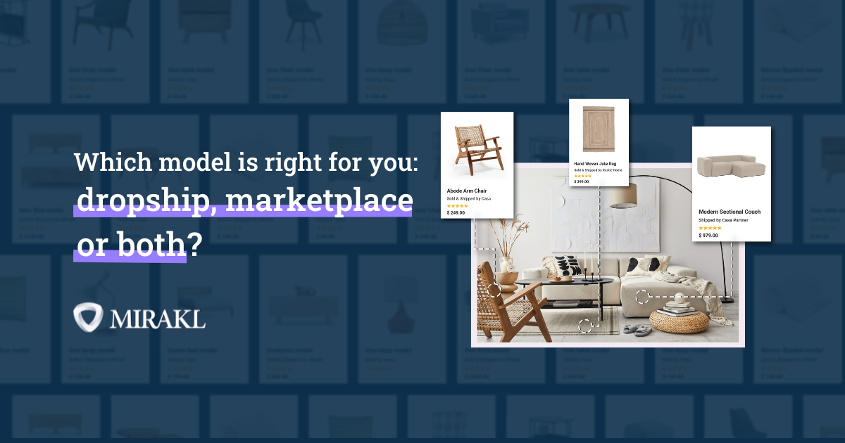 A Mirakl promotional graphic with the text, "Which model is right for you: dropship, marketplace or both?" On the right, a shoppable image of a living room shows product pop-ups for a chair, rug, and couch, all set against a dark blue background grid of product listings.