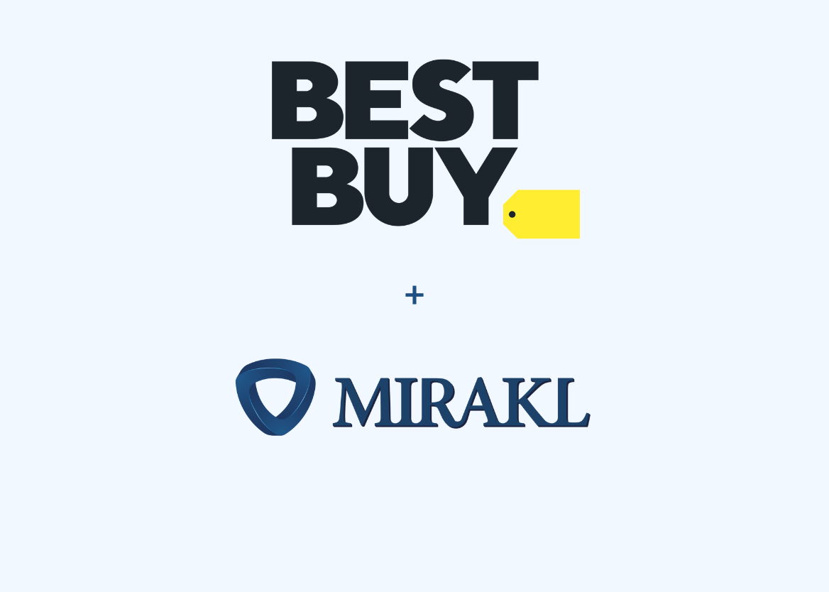 The Best Buy and Mirakl logos shown with a plus sign to signify their partnership. The graphic is associated with the launch of Best Buy's new Mirakl-powered marketplace.