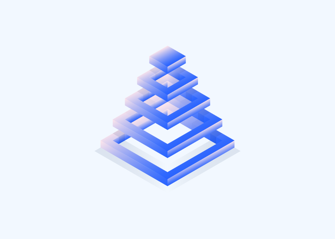 An abstract, pyramid-like structure composed of five stacked, transparent, blue-to-pink gradient square frames, representing the layers of a complex integration process. The base is the largest frame, and the frames decrease in size as they ascend, forming a pyramid shape. The structure floats against a light blue background.