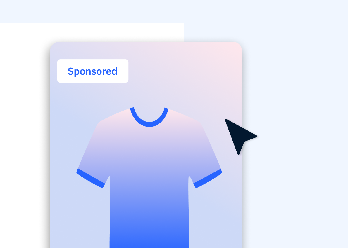 Simple illustration depicting a sponsored t-shirt ad within an online retail environment, with a cursor interacting with the listing.