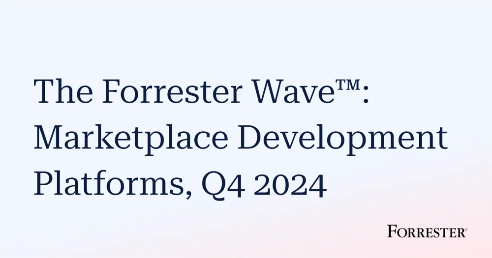 The Forrester Wave™: Marketplace Development Platforms, Q4 2024. Forrester logo in the bottom right corner. Background features a gradient from light blue to soft pink.